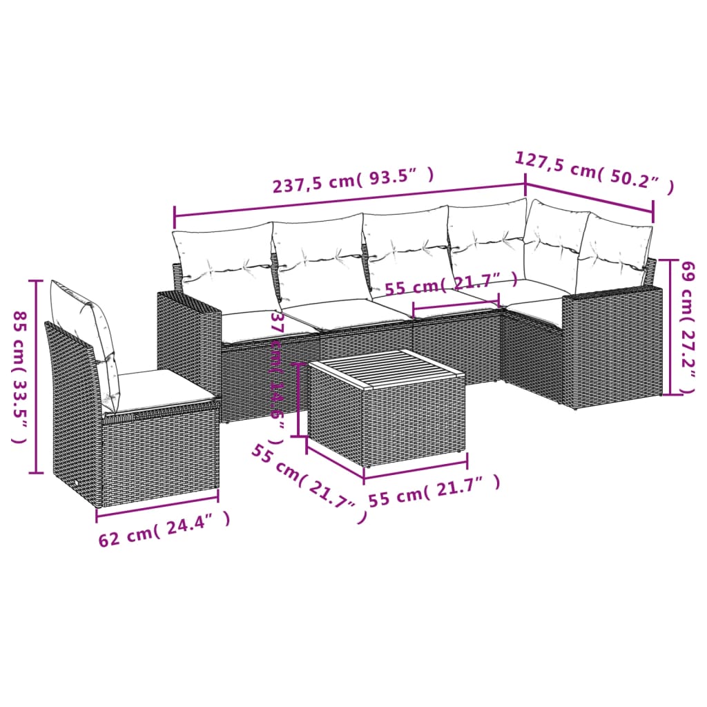 7 Pcs conjunto sofás p/ jardim c/ almofadões vime PE cinzento