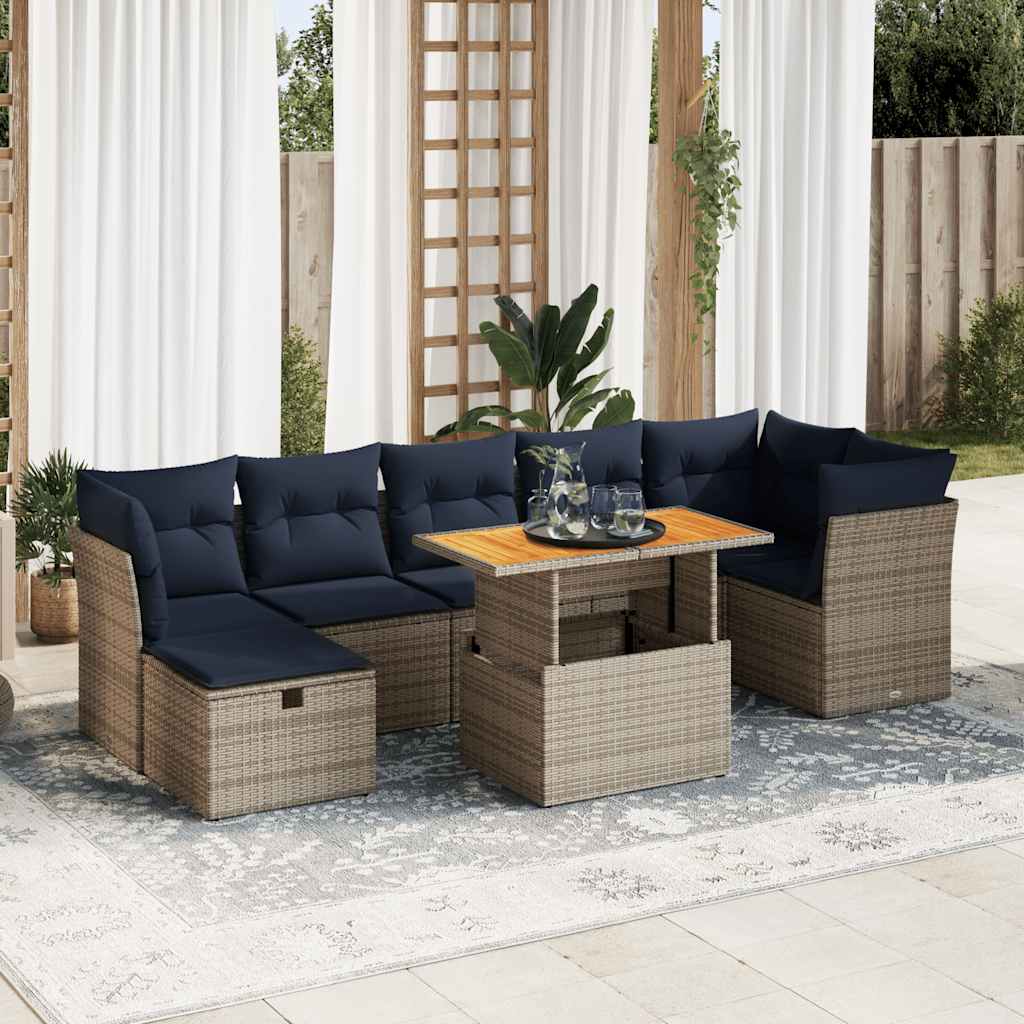 8 Pcs conj. sofás jardim c/ almofadões vime PE/acácia castanho