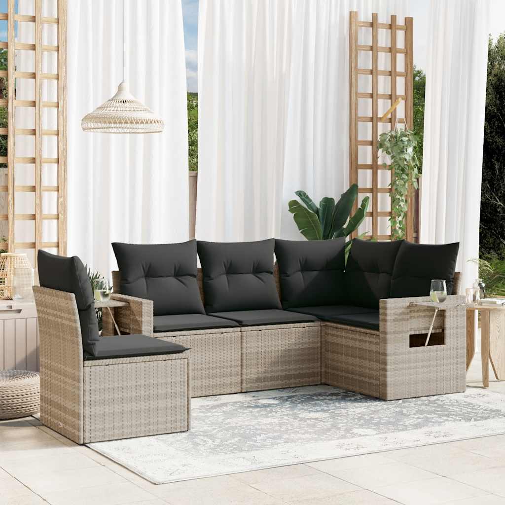 5 Pcs conj. sofás jardim c/ almofadões vime PE cinzento-claro