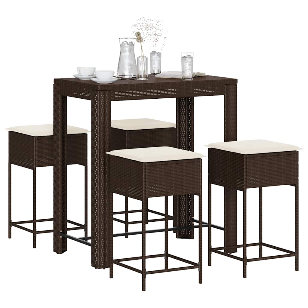 5 Pcs conjunto de bar p/ jardim c/ almofadões vime PE castanho