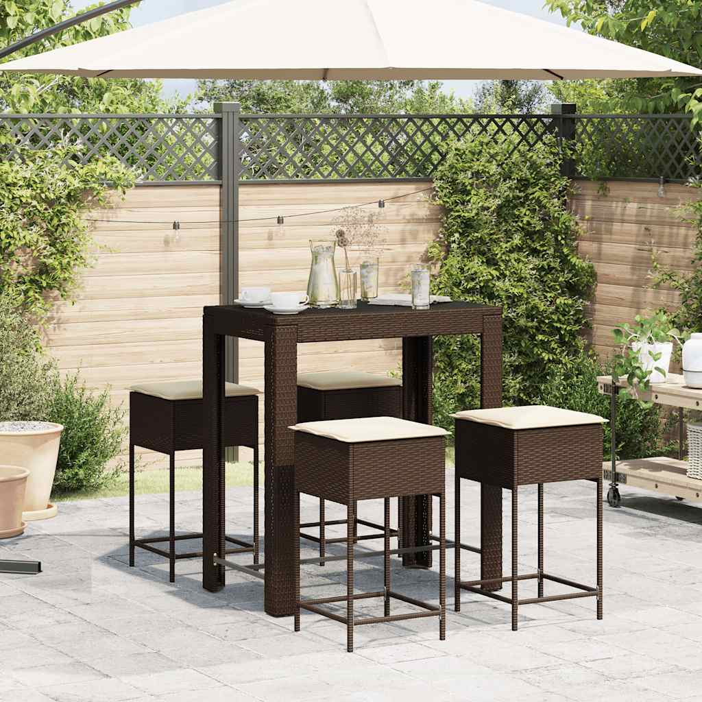 5 Pcs conjunto de bar p/ jardim c/ almofadões vime PE castanho