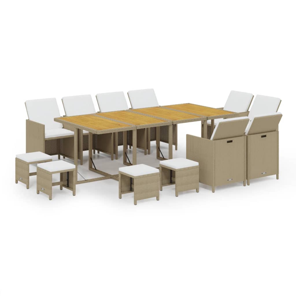 13 Pcs conjunto jantar p/ jardim c/ almofadões vime PE bege