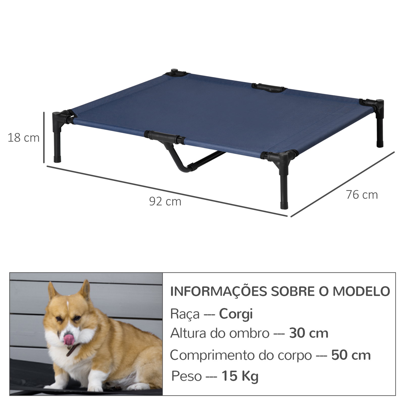 Cama elevada para cães com tecido oxford e estrutura de metal para interior e exterior 92x76x18 cm azul