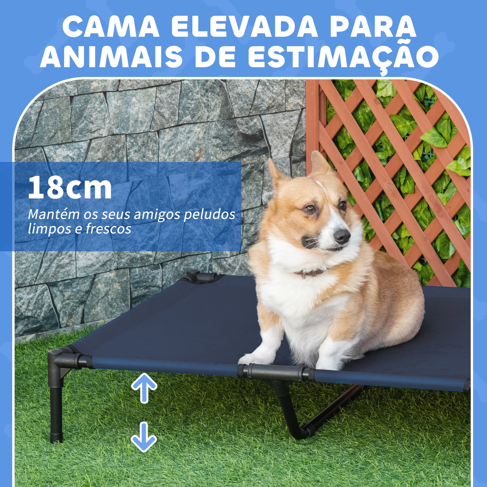 Cama elevada para cães com tecido oxford e estrutura de metal para interior e exterior 92x76x18 cm azul