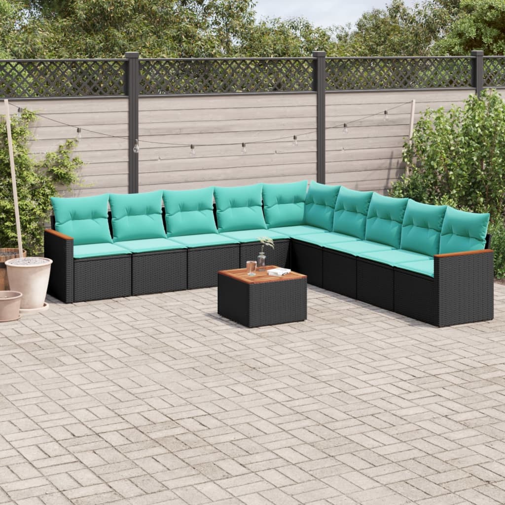 Conjunto de sofá de jardim com 10 peças e almofadas em rattan sintético preto