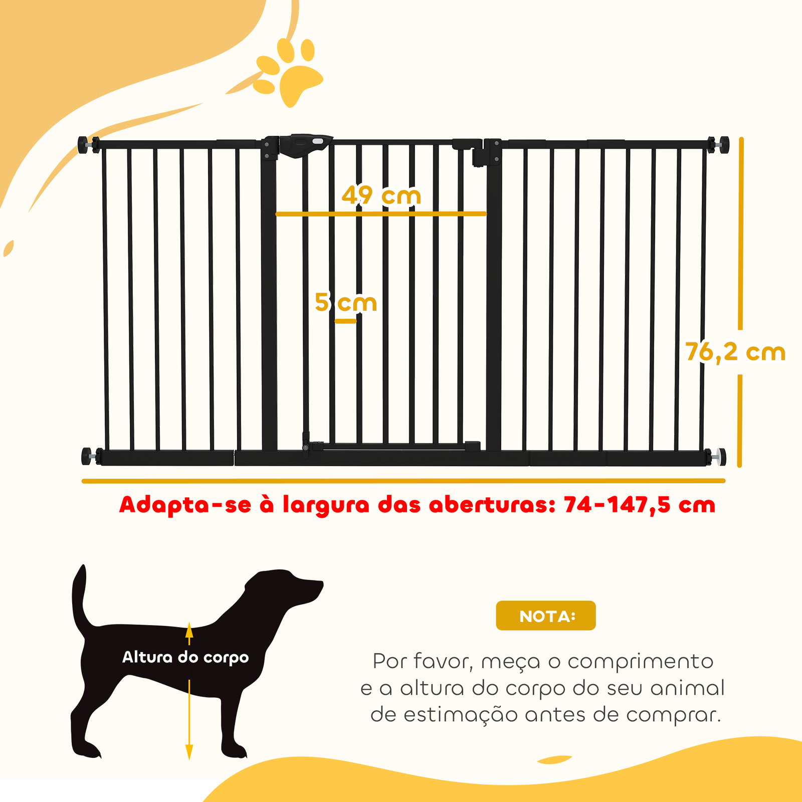 Barreira de segurança extensível para portas e escadas com fechamento automático e sistema de duplo bloqueio 74-147,5x76,2 cm preto
