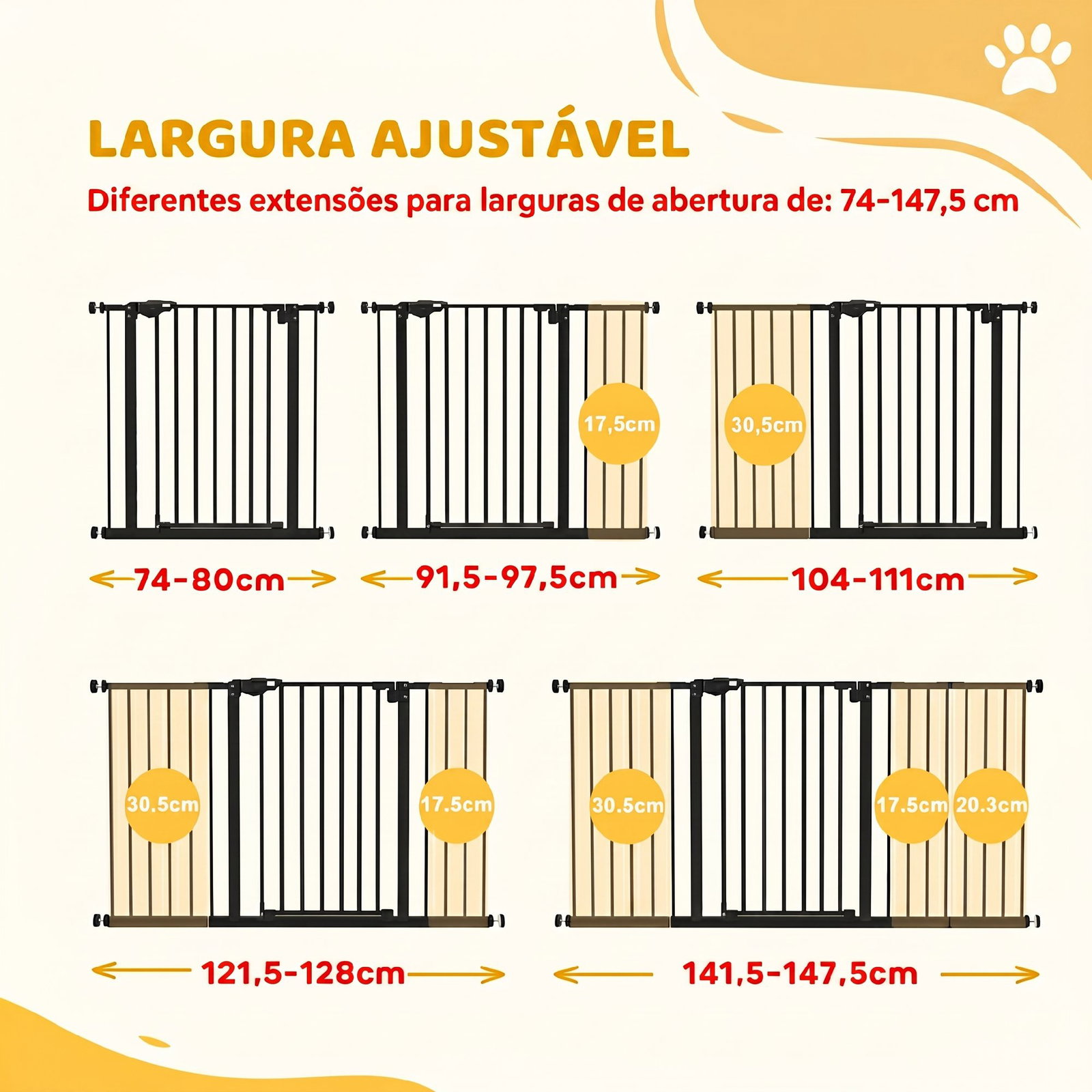 Barreira de segurança extensível para portas e escadas com fechamento automático e sistema de duplo bloqueio 74-147,5x76,2 cm preto