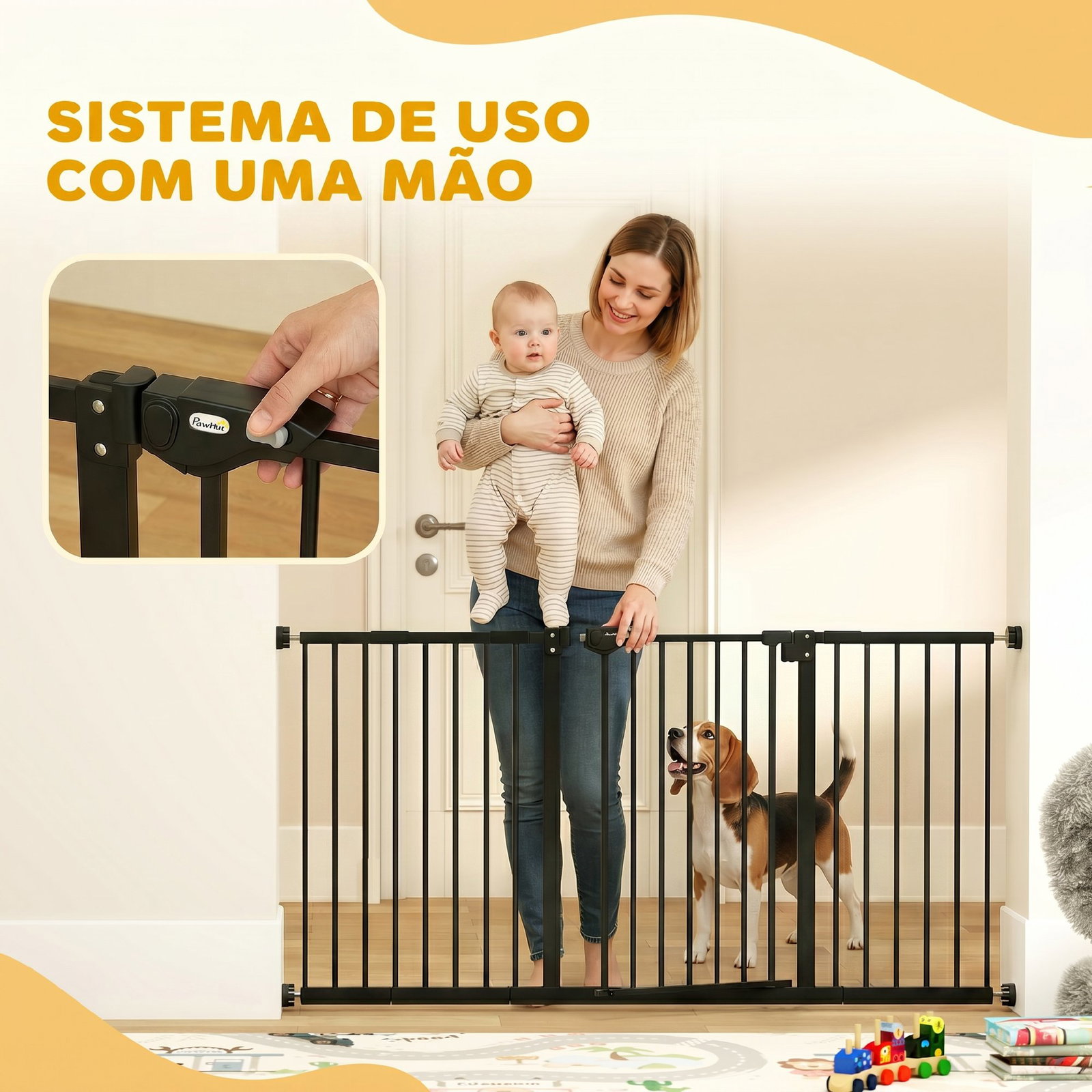 Barreira de segurança extensível para portas e escadas com fechamento automático e sistema de duplo bloqueio 74-147,5x76,2 cm preto