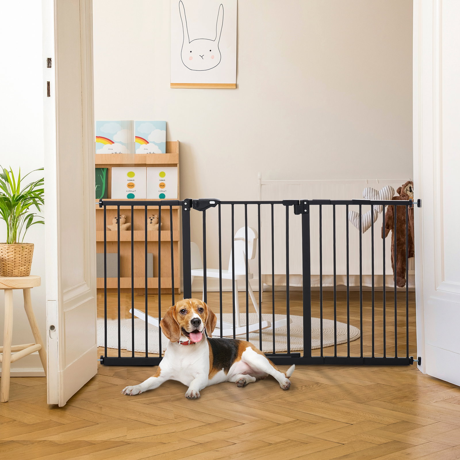 Barreira de segurança extensível para portas e escadas com fechamento automático e sistema de duplo bloqueio 74-147,5x76,2 cm preto