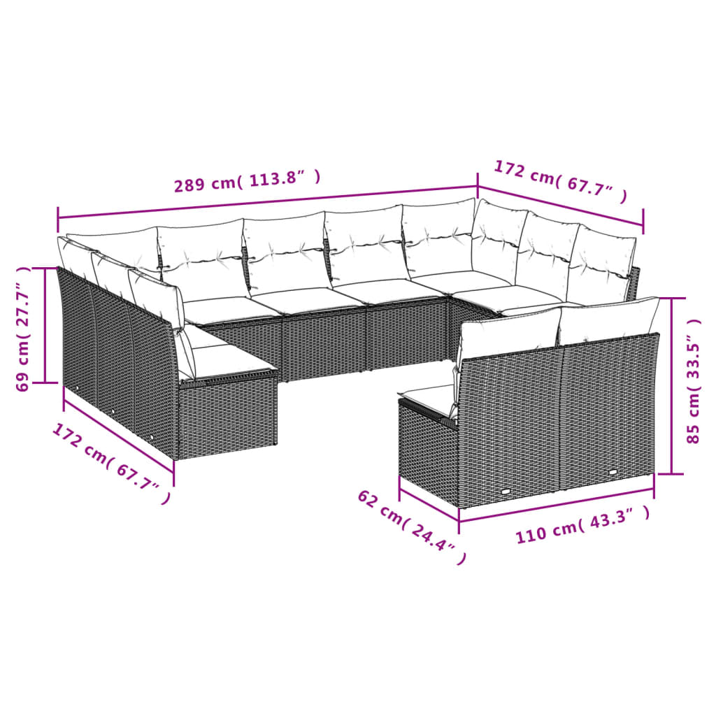 11 Pcs conjunto sofás de jardim c/ almofadões vime PE cinzento