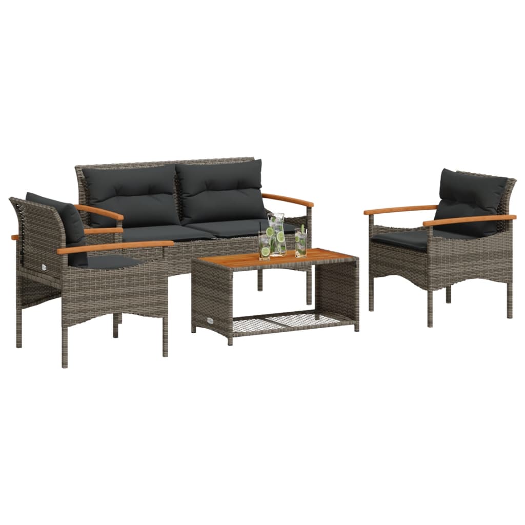 4 Pcs conjunto sofás de jardim c/ almofadões vime PE cinzento