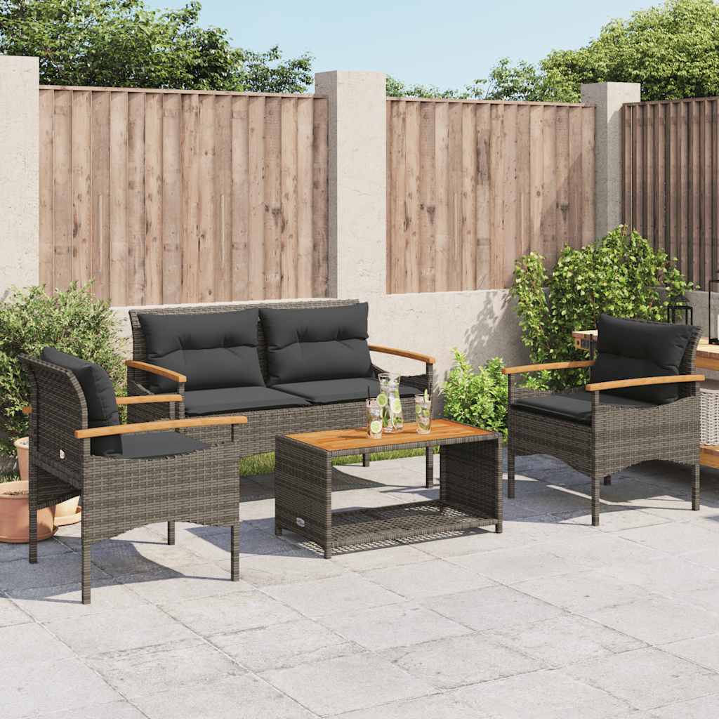 4 Pcs conjunto sofás de jardim c/ almofadões vime PE cinzento