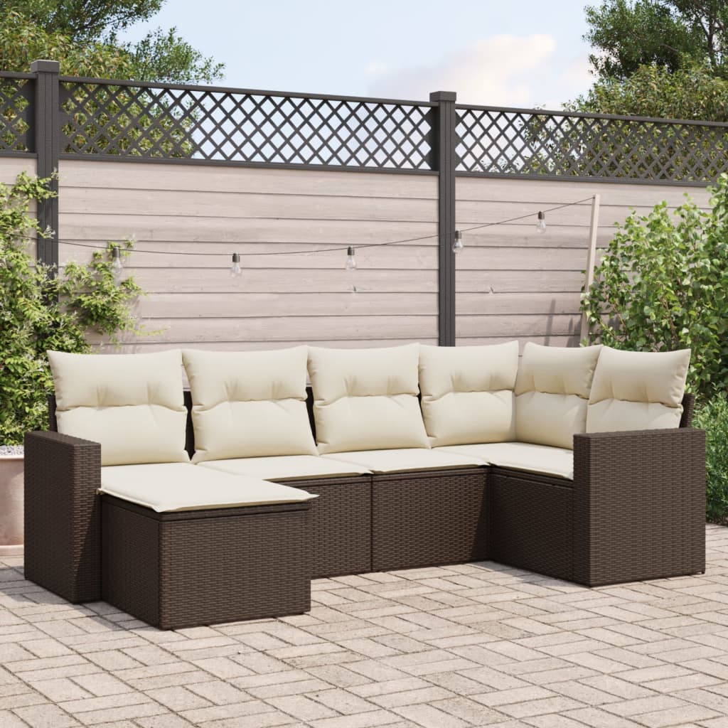6 Pcs conjunto de sofás jardim c/ almofadões vime PE castanho