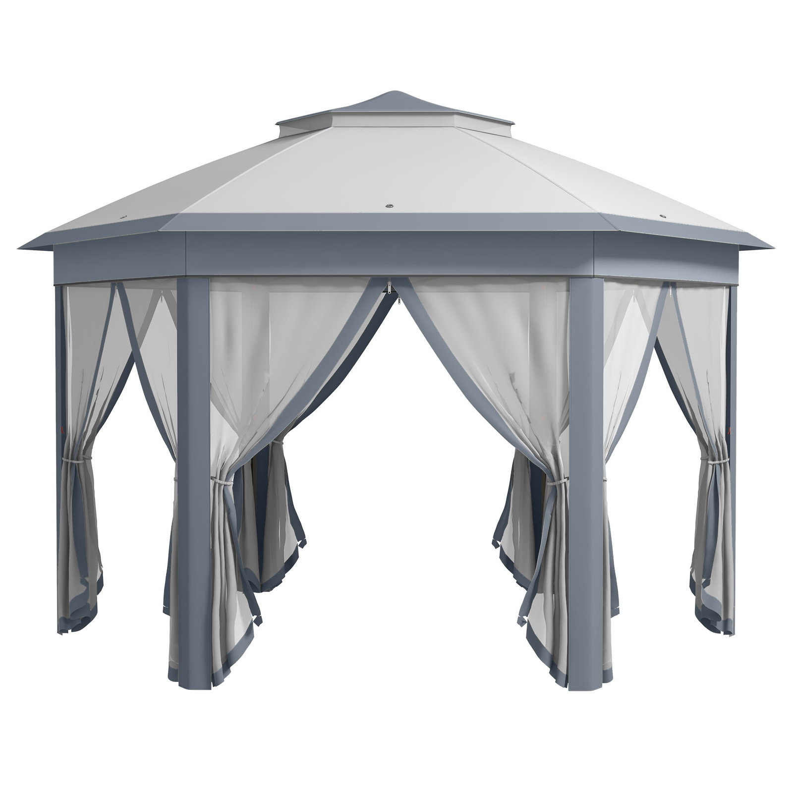 Tenda Dobrável 4x3,4 m Tenda de Jardim Hexagonal com Duplo Tecto 6 Mosquiteiras Destacáveis e Saco de Transporte Cinzento