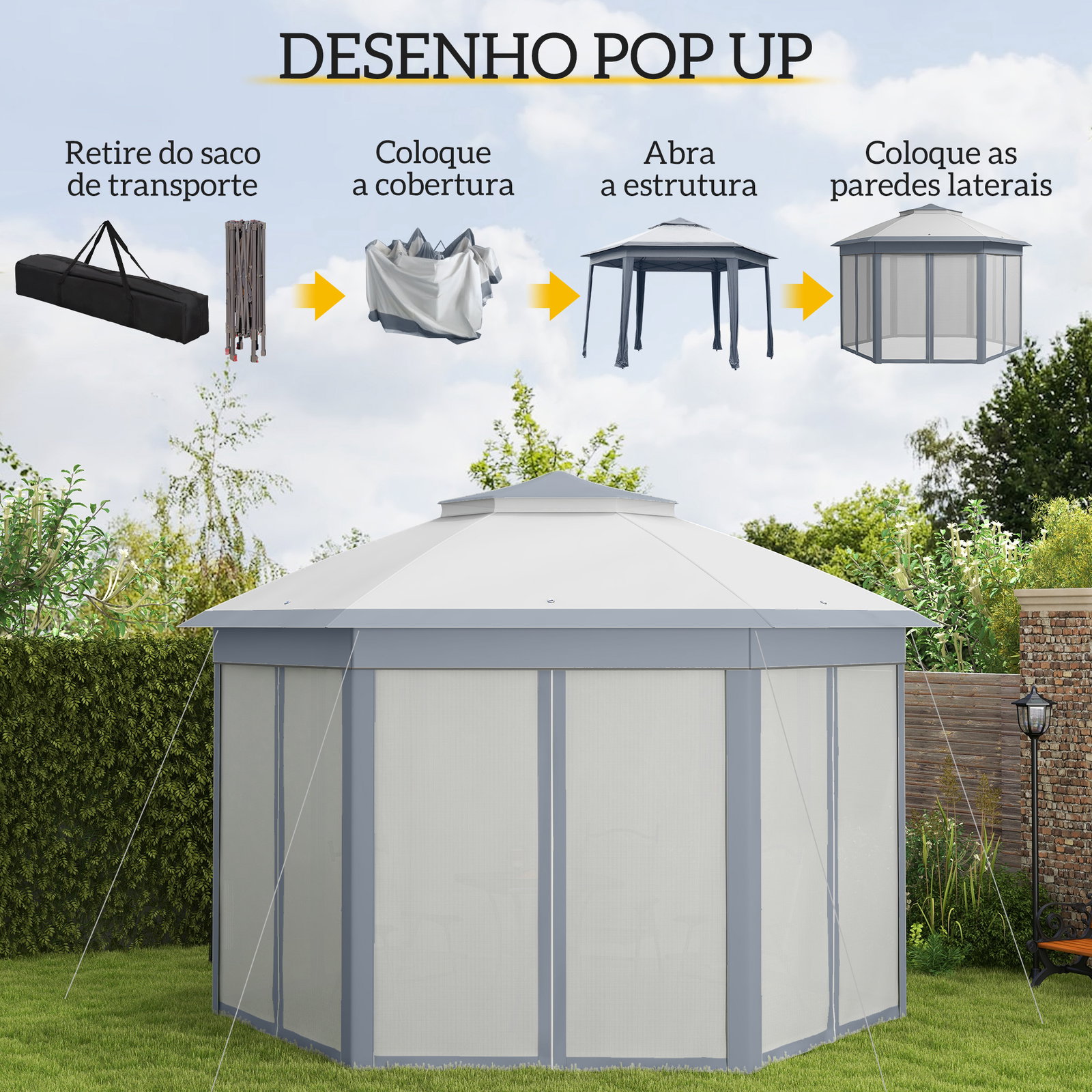 Tenda Dobrável 4x3,4 m Tenda de Jardim Hexagonal com Duplo Tecto 6 Mosquiteiras Destacáveis e Saco de Transporte Cinzento