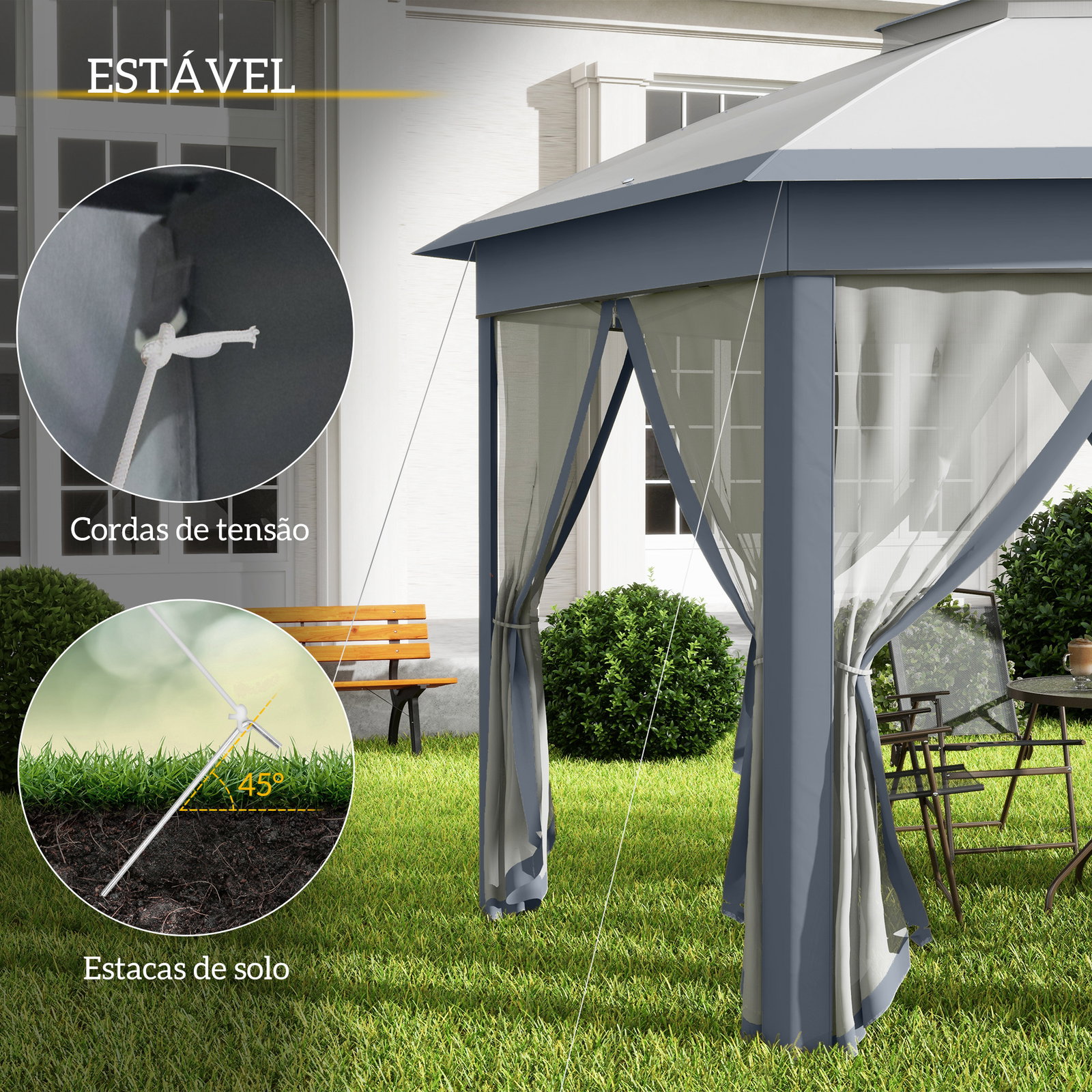 Tenda Dobrável 4x3,4 m Tenda de Jardim Hexagonal com Duplo Tecto 6 Mosquiteiras Destacáveis e Saco de Transporte Cinzento