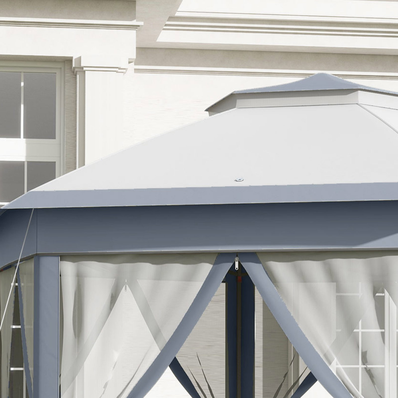 Tenda Dobrável 4x3,4 m Tenda de Jardim Hexagonal com Duplo Tecto 6 Mosquiteiras Destacáveis e Saco de Transporte Cinzento