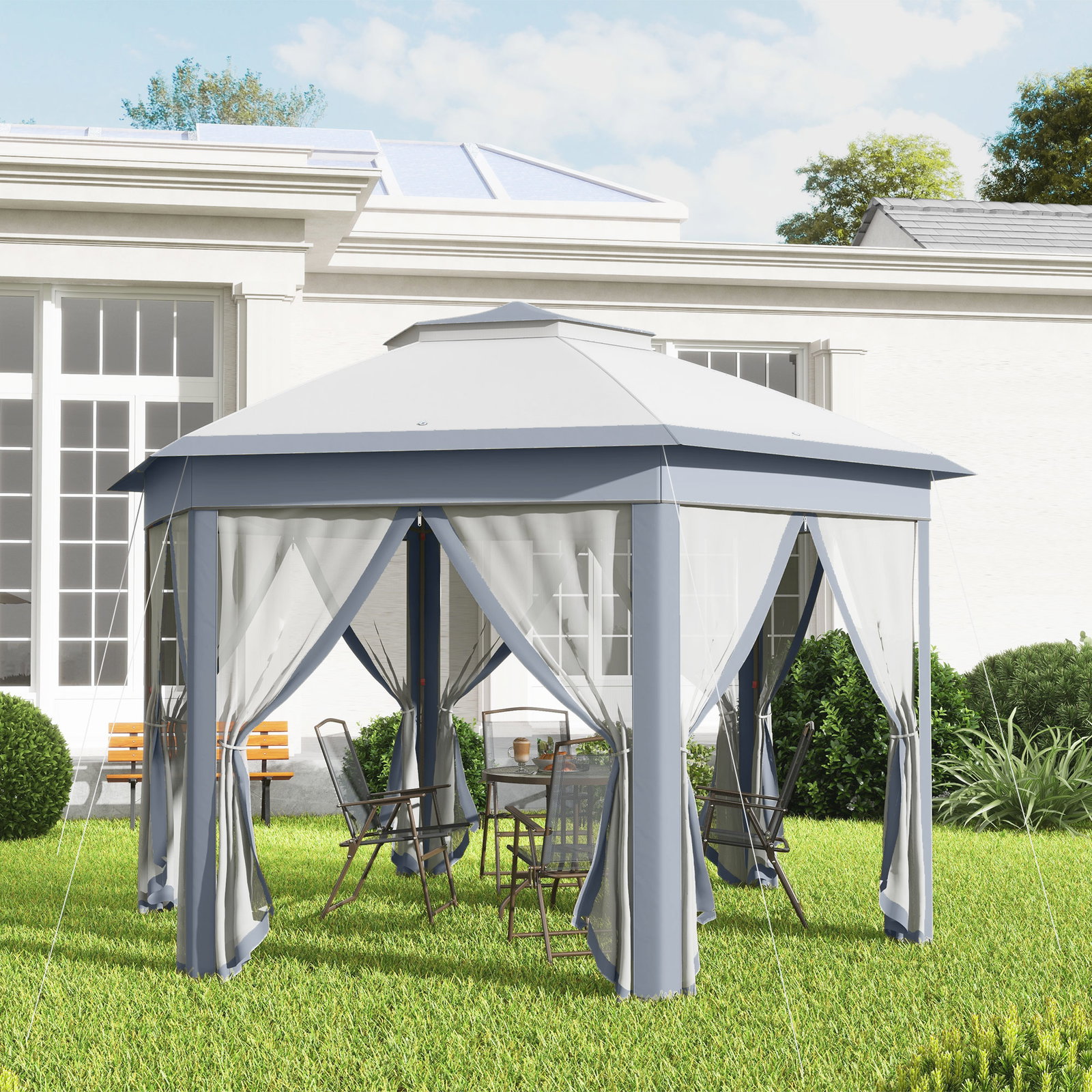 Tenda Dobrável 4x3,4 m Tenda de Jardim Hexagonal com Duplo Tecto 6 Mosquiteiras Destacáveis e Saco de Transporte Cinzento