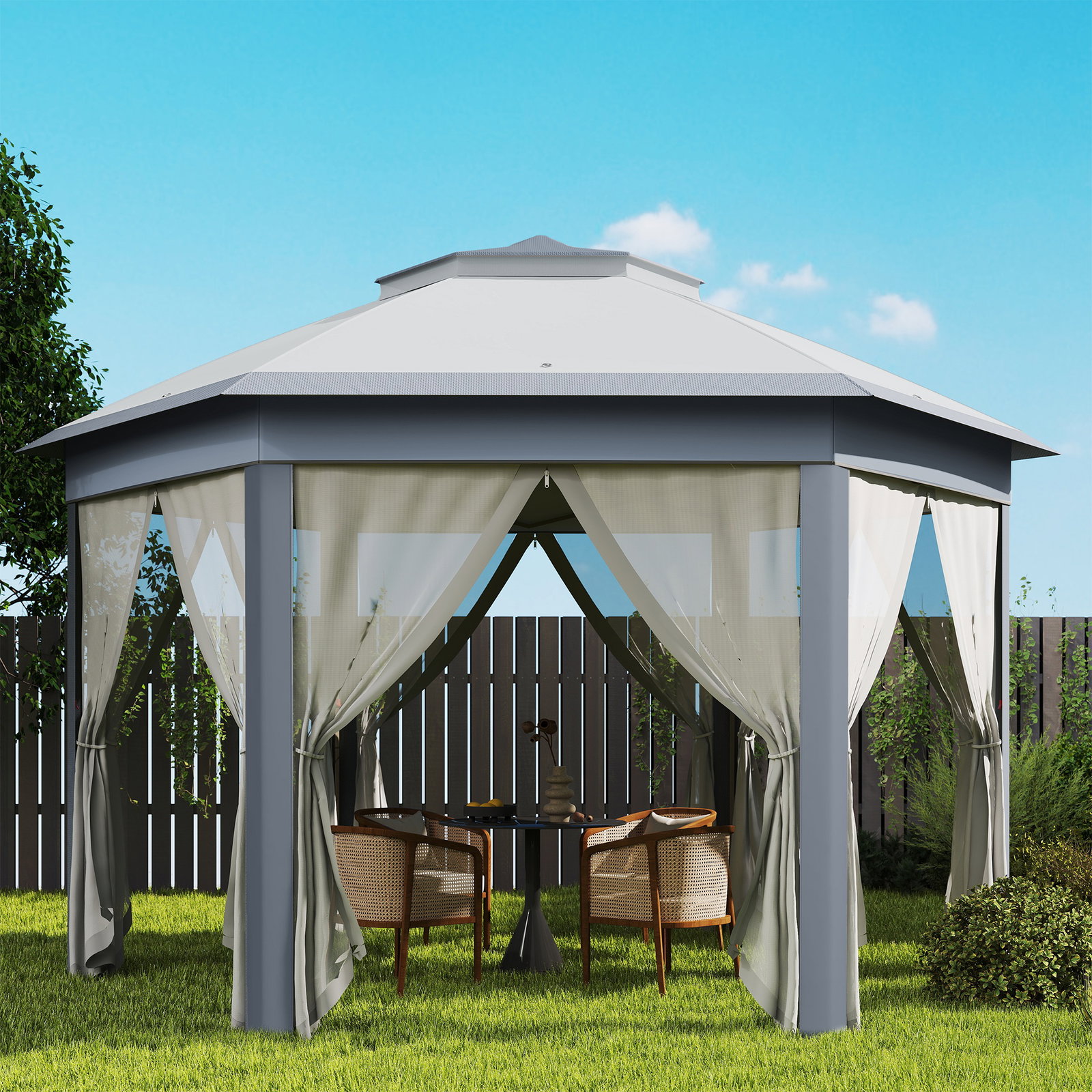 Tenda Dobrável 4x3,4 m Tenda de Jardim Hexagonal com Duplo Tecto 6 Mosquiteiras Destacáveis e Saco de Transporte Cinzento