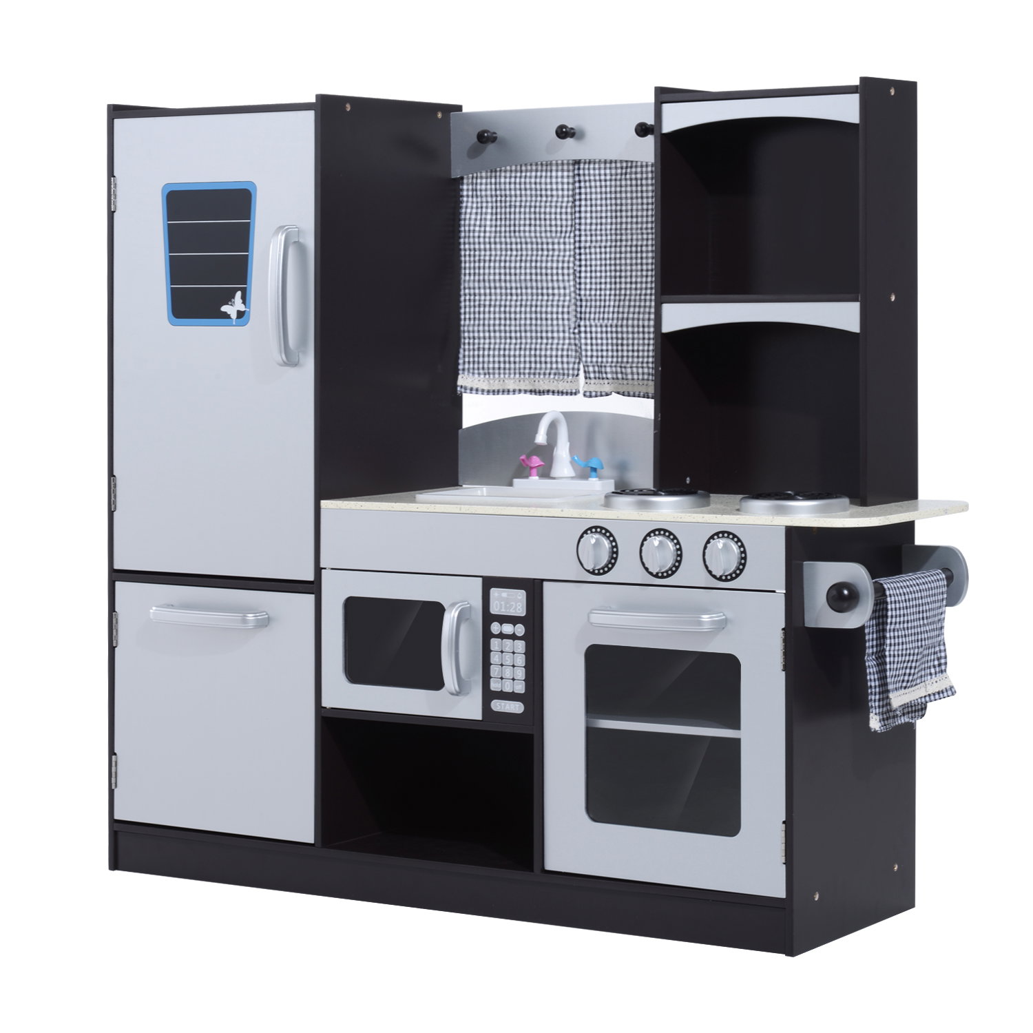 Cozinha de brinquedo infantil cozinha de madeira para crianças com acessórios cozinha para crianças com forno micro-ondas lavatório 105x31,5x95 cm cinza e preto