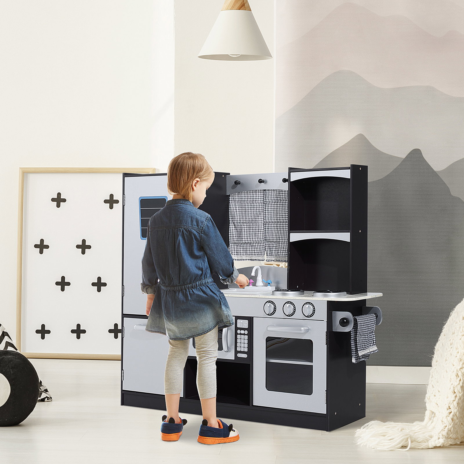 Cozinha de brinquedo infantil cozinha de madeira para crianças com acessórios cozinha para crianças com forno micro-ondas lavatório 105x31,5x95 cm cinza e preto