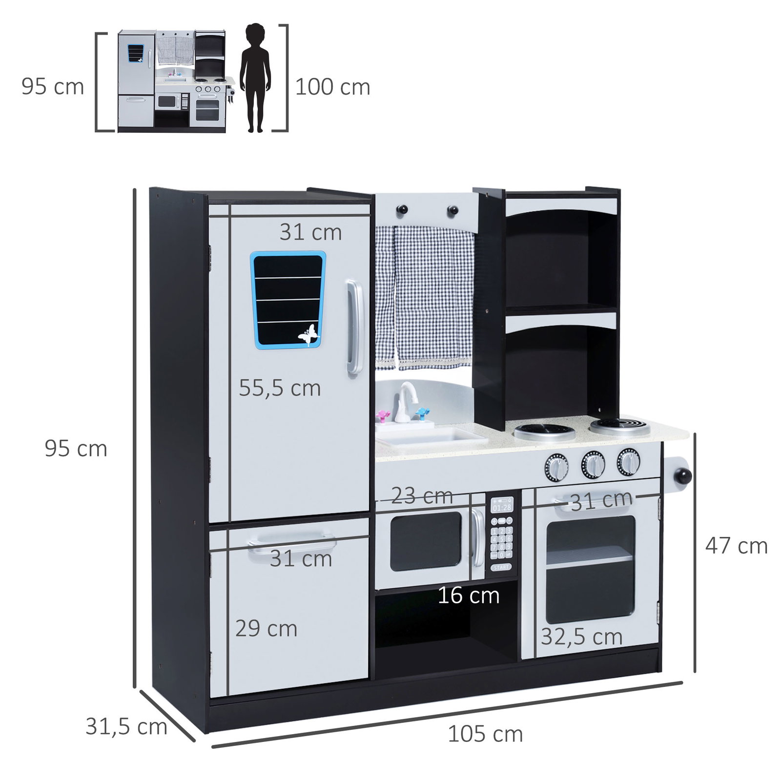 Cozinha de brinquedo infantil cozinha de madeira para crianças com acessórios cozinha para crianças com forno micro-ondas lavatório 105x31,5x95 cm cinza e preto
