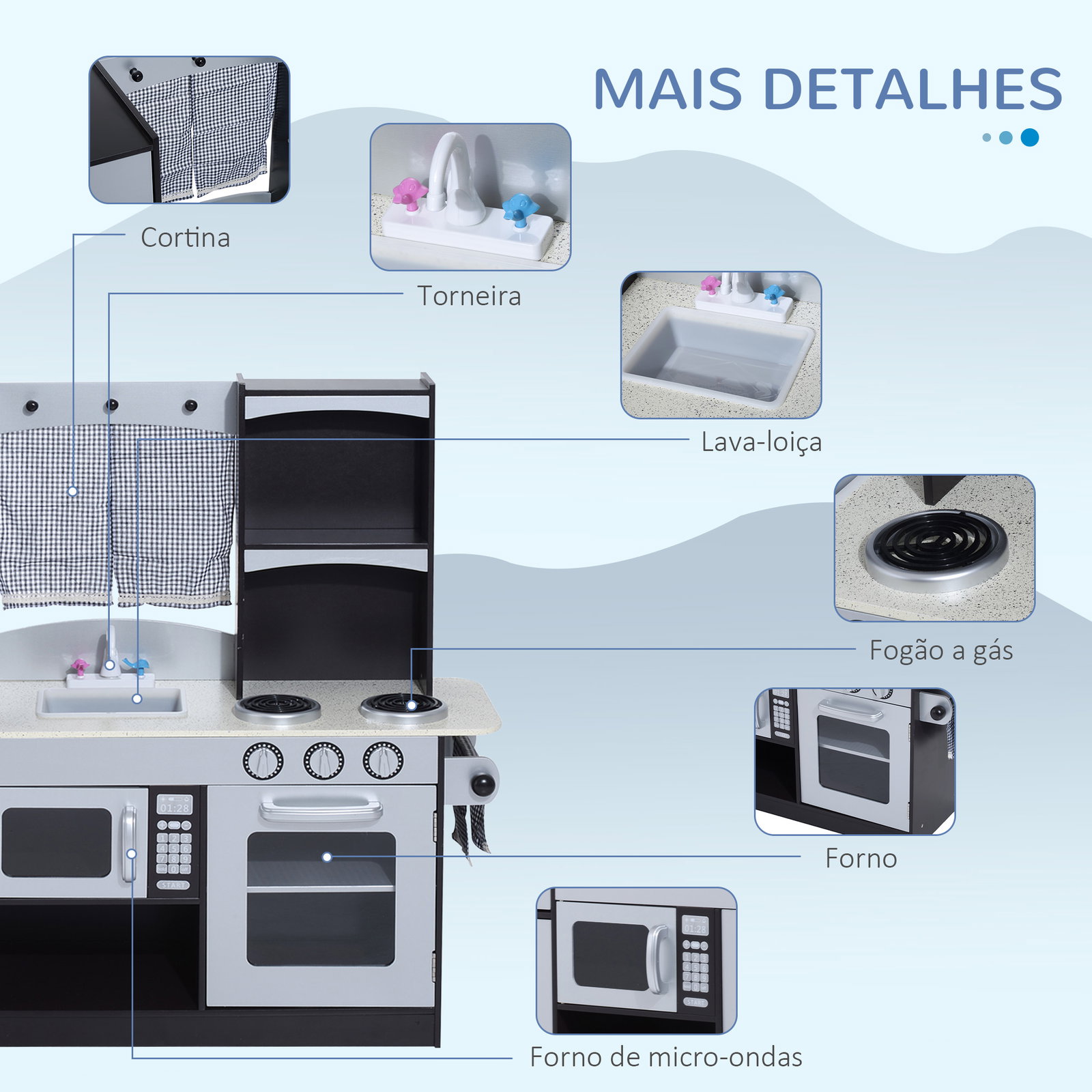 Cozinha de brinquedo infantil cozinha de madeira para crianças com acessórios cozinha para crianças com forno micro-ondas lavatório 105x31,5x95 cm cinza e preto