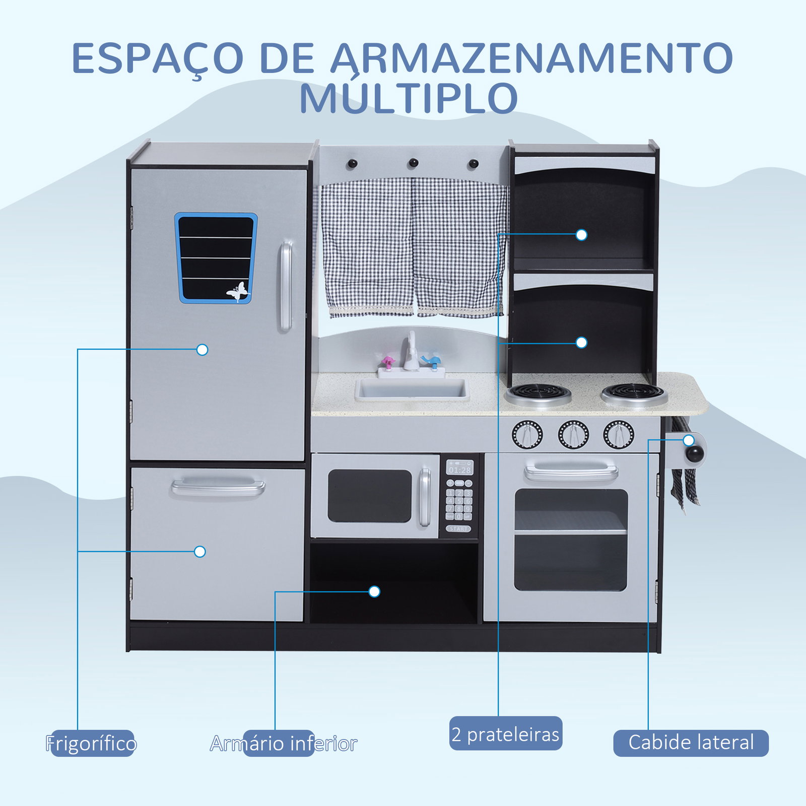 Cozinha de brinquedo infantil cozinha de madeira para crianças com acessórios cozinha para crianças com forno micro-ondas lavatório 105x31,5x95 cm cinza e preto