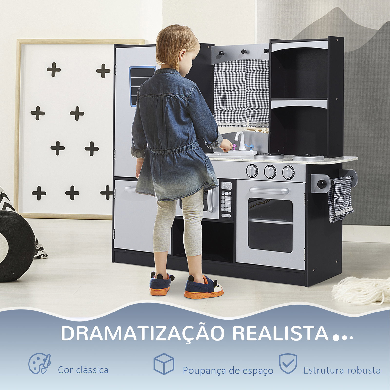 Cozinha de brinquedo infantil cozinha de madeira para crianças com acessórios cozinha para crianças com forno micro-ondas lavatório 105x31,5x95 cm cinza e preto