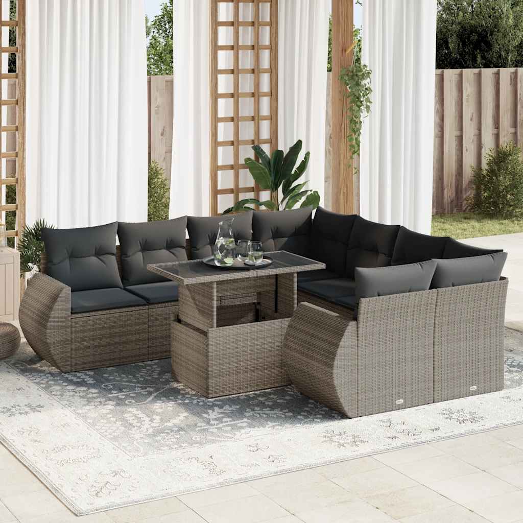 9 Pcs conjunto sofás p/ jardim com almofadões vime PE cinzento