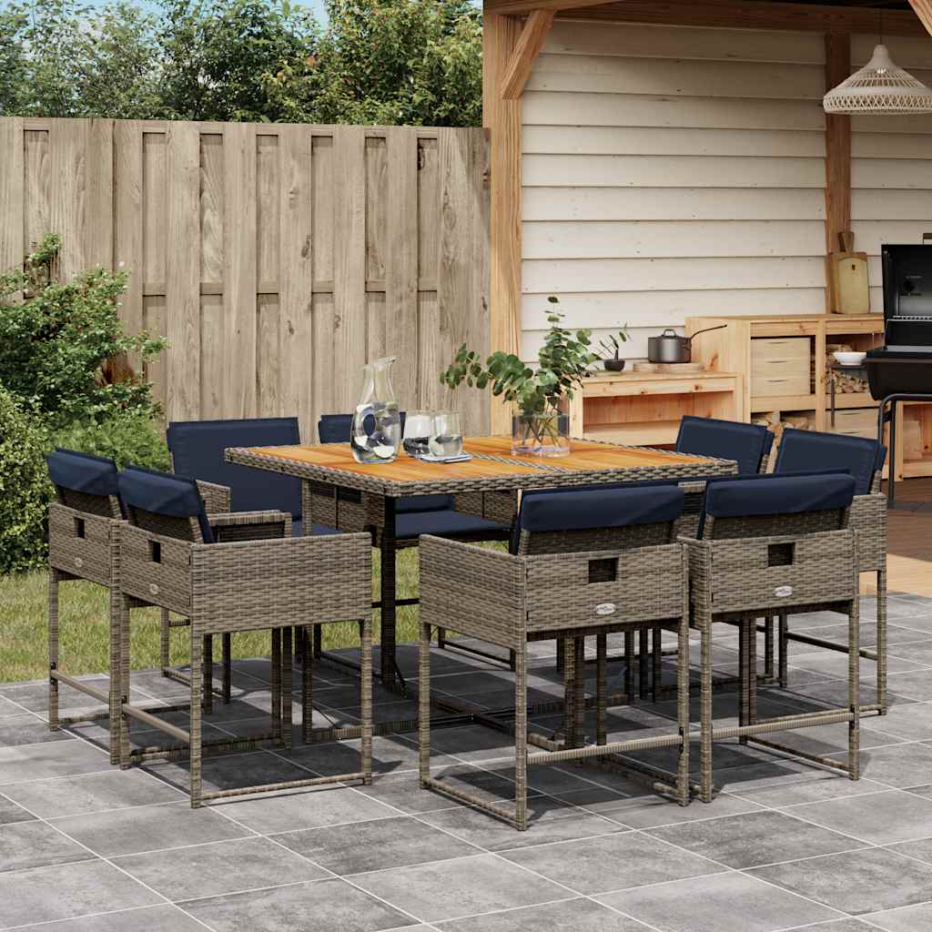 9 Pcs conjunto de jantar p/ jardim c/ almofadões vime PE cinza