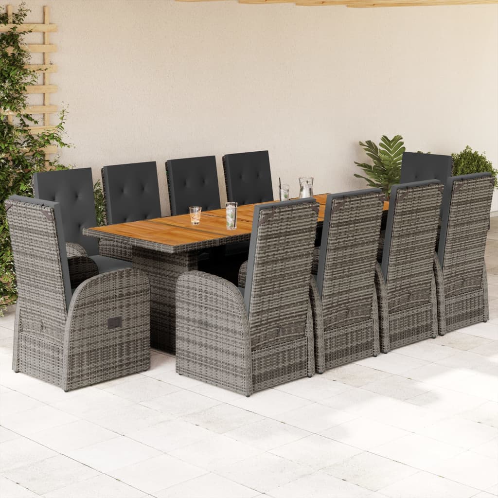 11 Pcs conjunto jantar p/ jardim c/ almofadões vime PE cinzento