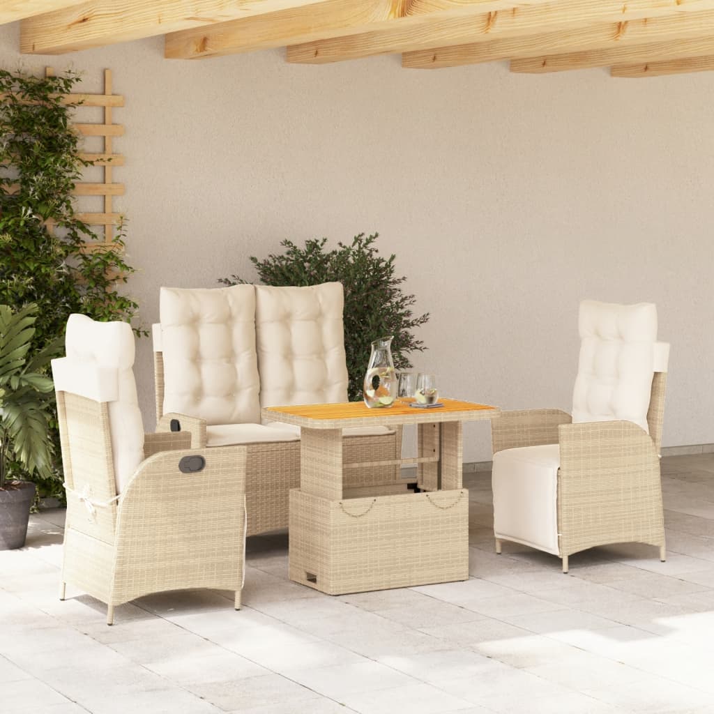 4 Pcs conjunto de jantar p/ jardim c/ almofadões vime PE bege