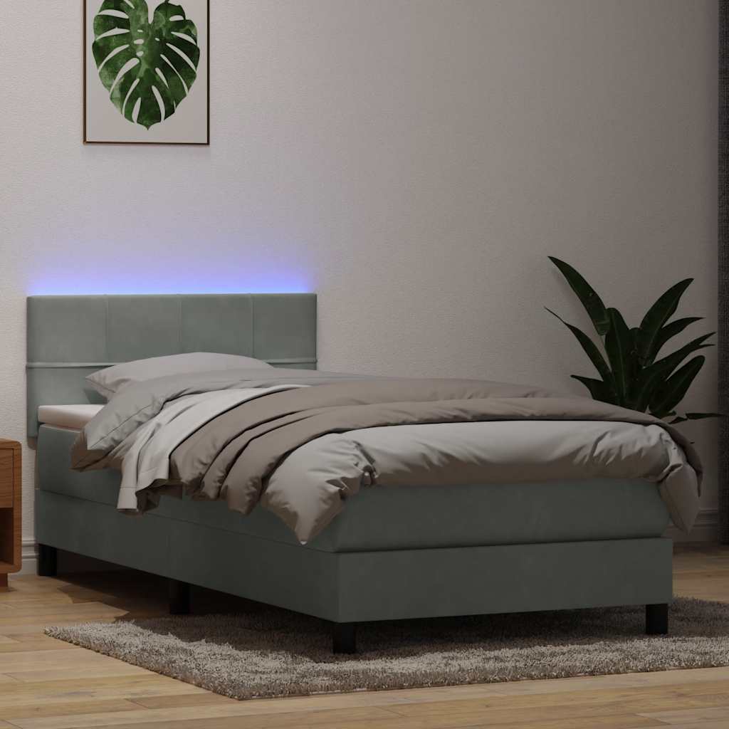 Cama box spring c/ colchão e LED cinzento-claro 80x210 cm veludo