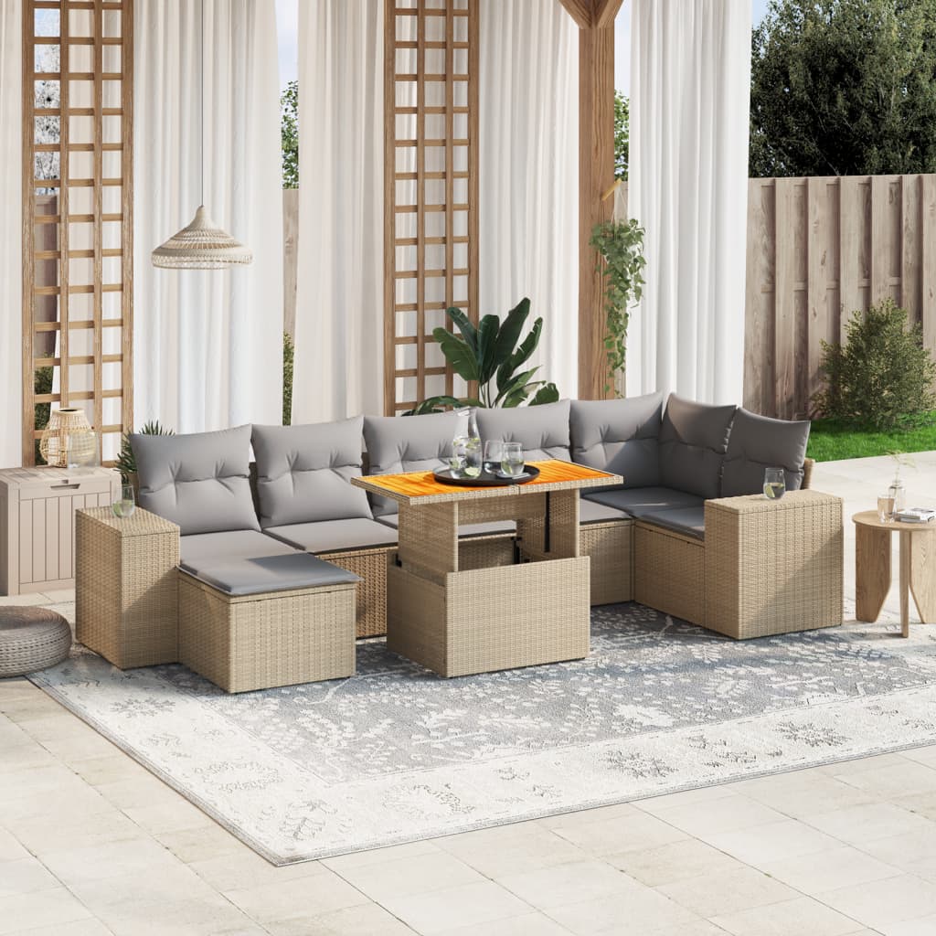 8 Pcs conjunto de sofás p/ jardim com almofadões vime PE bege