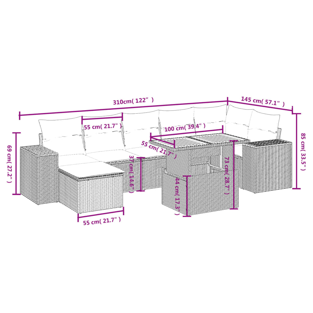 8 Pcs conjunto de sofás p/ jardim com almofadões vime PE bege