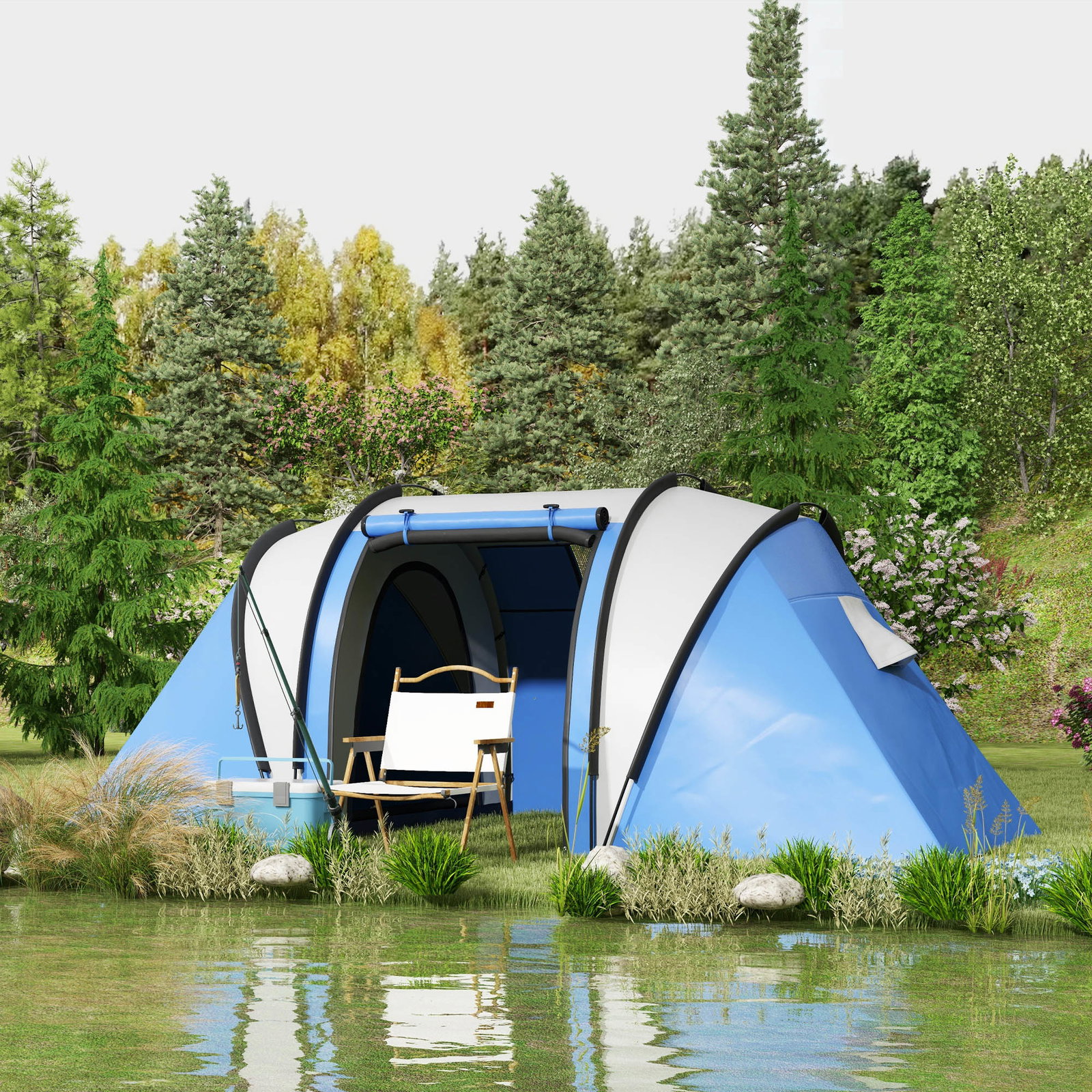Tenda de campismo familiar para 4-5 pessoas impermeável 3000 mm com 2 quartos bolsa de transporte e gancho 450x220x180 cm azul