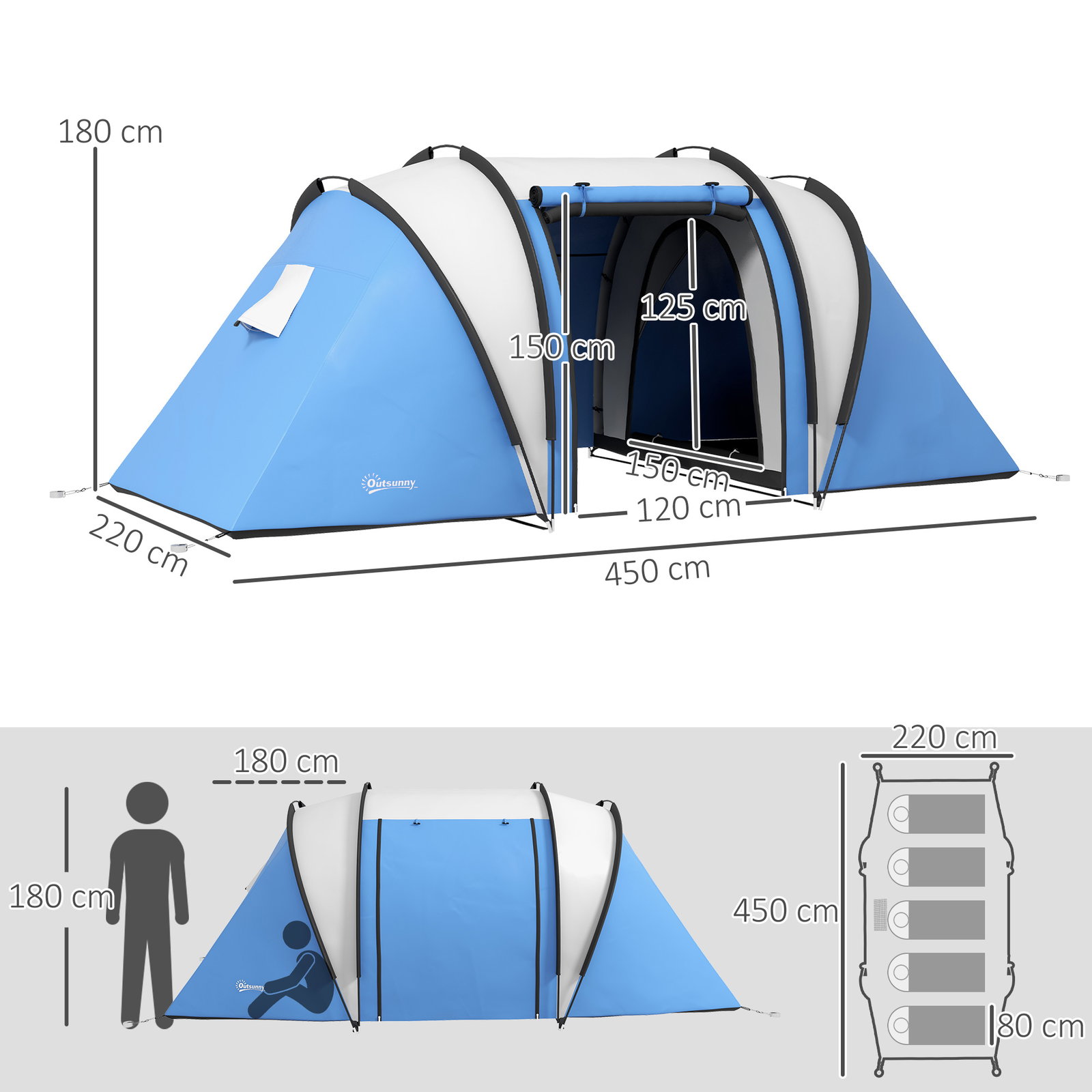Tenda de campismo familiar para 4-5 pessoas impermeável 3000 mm com 2 quartos bolsa de transporte e gancho 450x220x180 cm azul