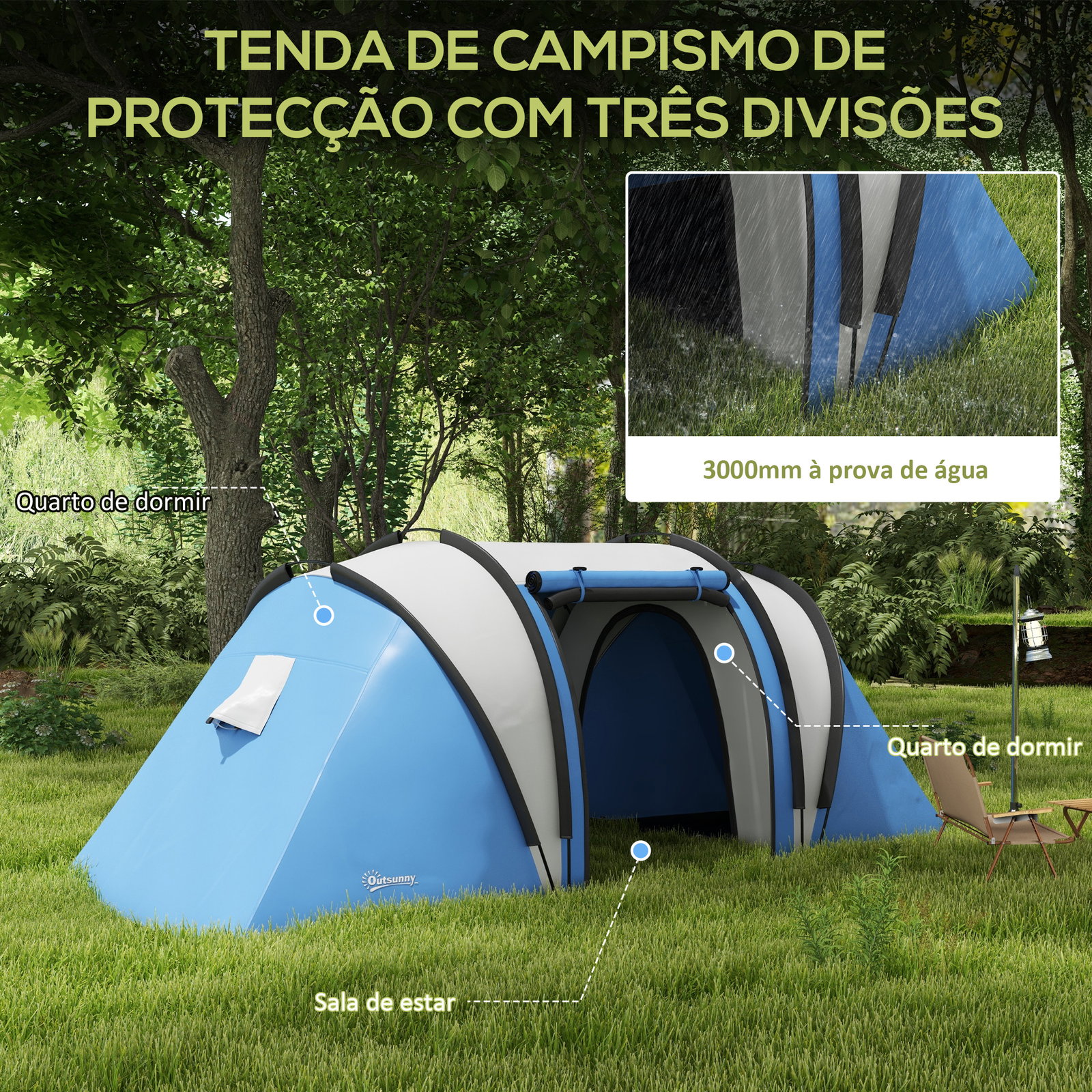 Tenda de campismo familiar para 4-5 pessoas impermeável 3000 mm com 2 quartos bolsa de transporte e gancho 450x220x180 cm azul