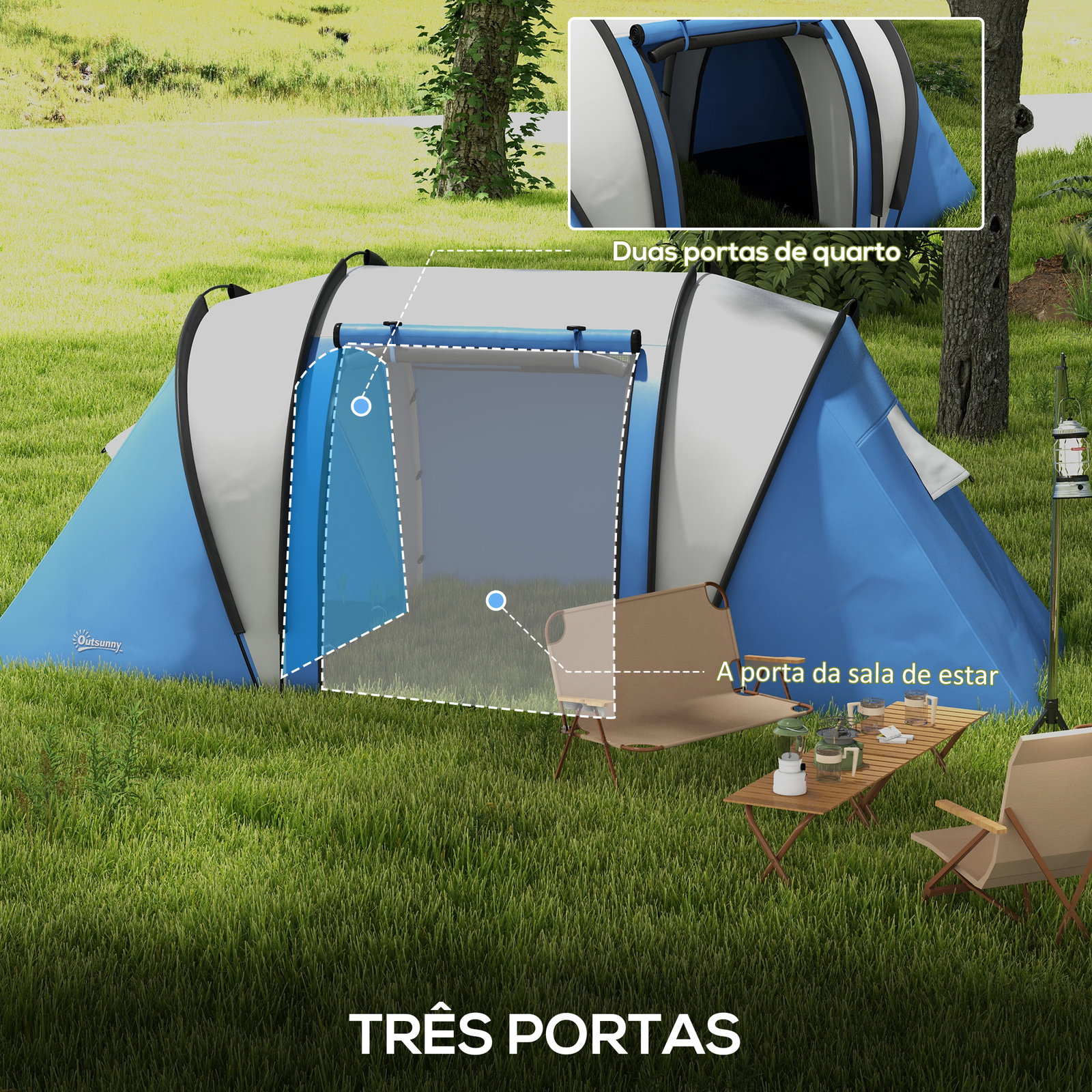 Tenda de campismo familiar para 4-5 pessoas impermeável 3000 mm com 2 quartos bolsa de transporte e gancho 450x220x180 cm azul