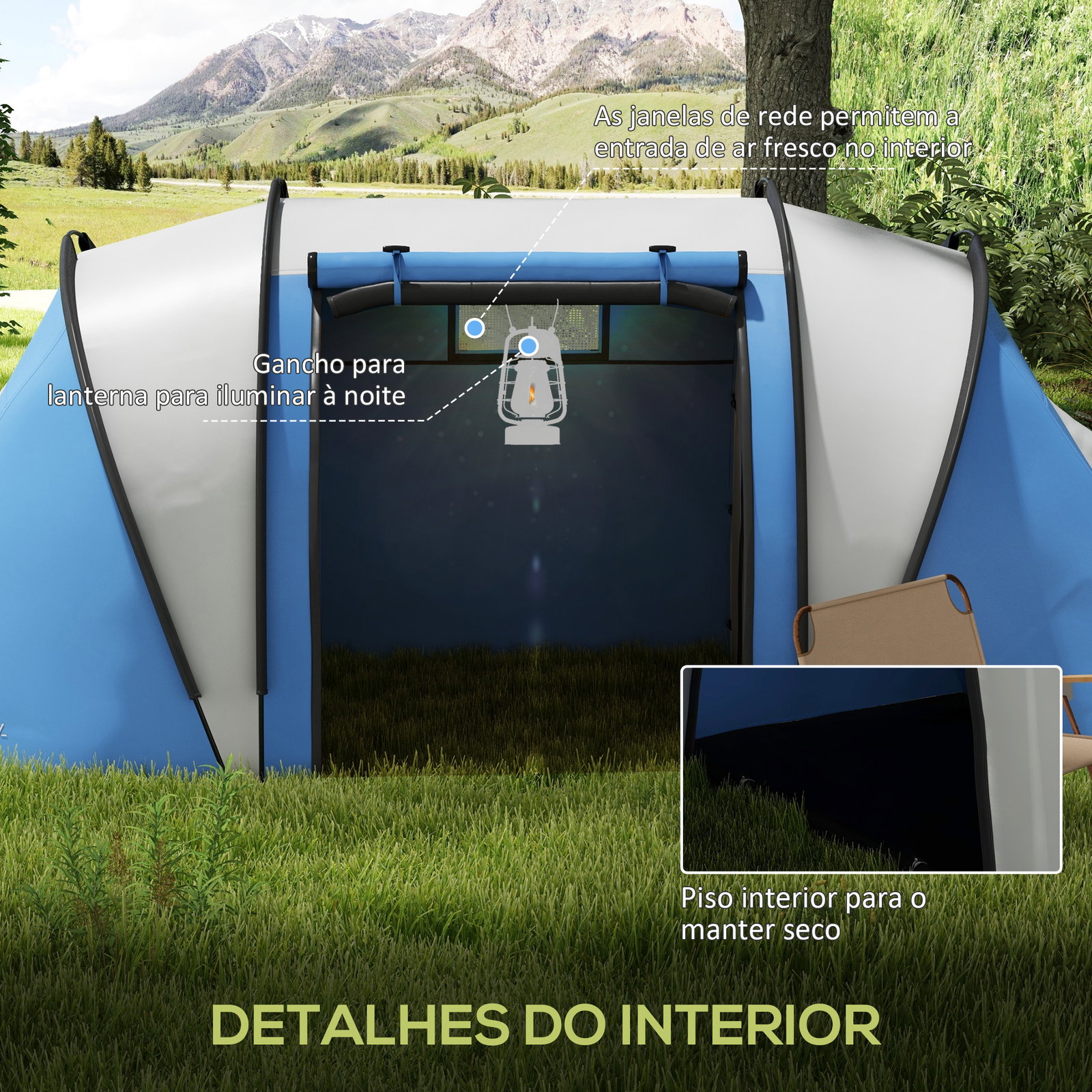Tenda de campismo familiar para 4-5 pessoas impermeável 3000 mm com 2 quartos bolsa de transporte e gancho 450x220x180 cm azul