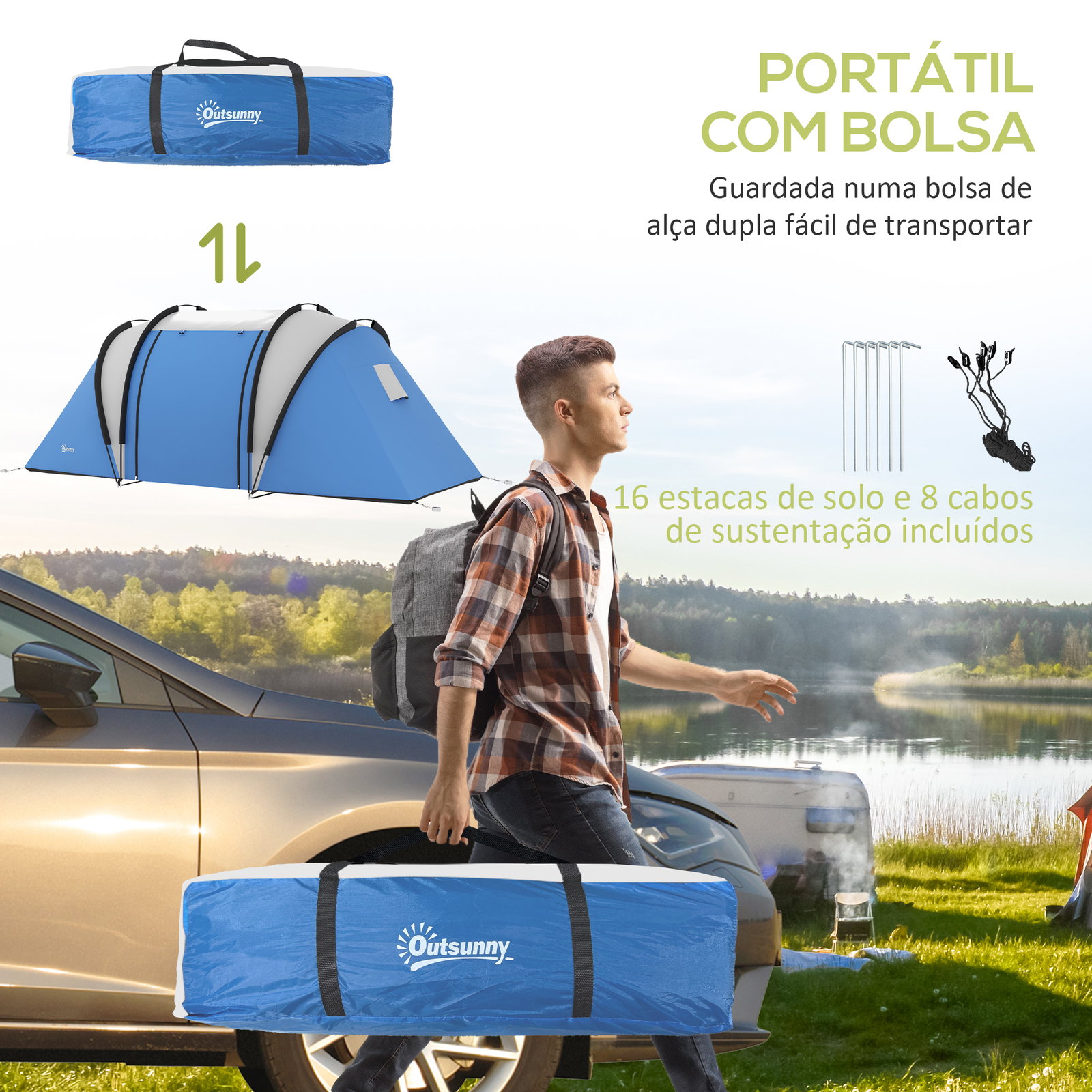 Tenda de campismo familiar para 4-5 pessoas impermeável 3000 mm com 2 quartos bolsa de transporte e gancho 450x220x180 cm azul