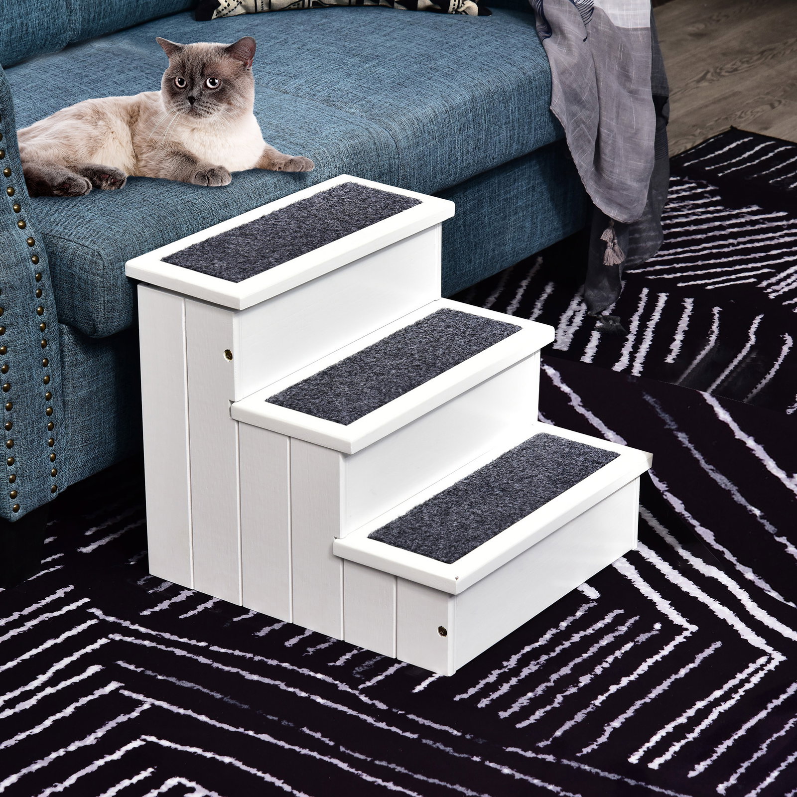 Escada para animais de estimação de 3 degraus com armazenamento e tapete antiderrapante 40,5x44,5x38 cm branco