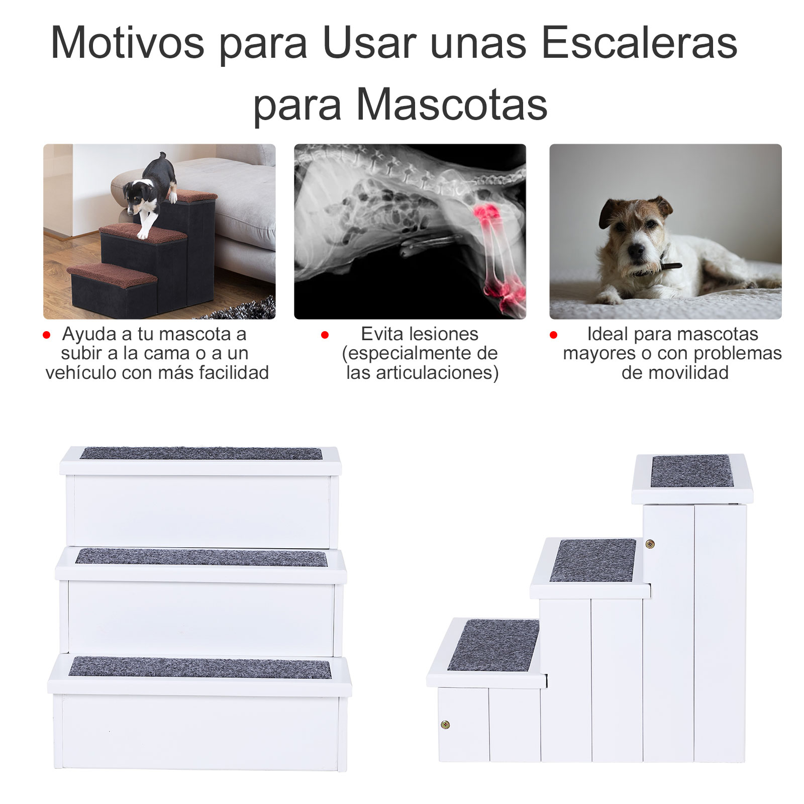 Escada para animais de estimação de 3 degraus com armazenamento e tapete antiderrapante 40,5x44,5x38 cm branco