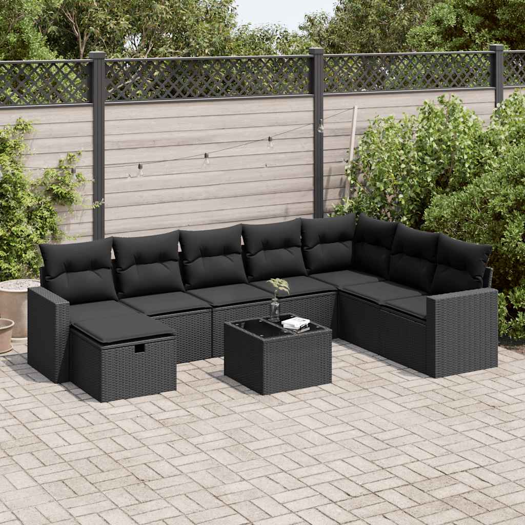 9 Pcs conjunto de sofás p/ jardim c/ almofadões vime PE preto