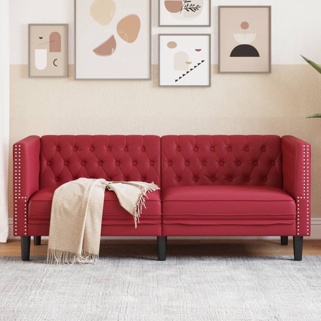 Sofá chesterfield 2 lugares couro artificial vermelho tinto