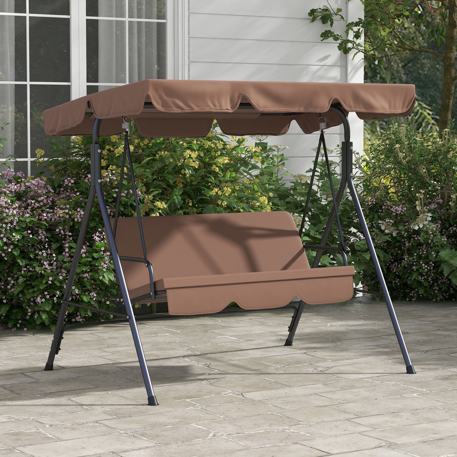 Baloiço de jardim de 3 lugares com almofada toldo ajustável e estrutura de aço para balcão terraço 172x110x153 cm marróm