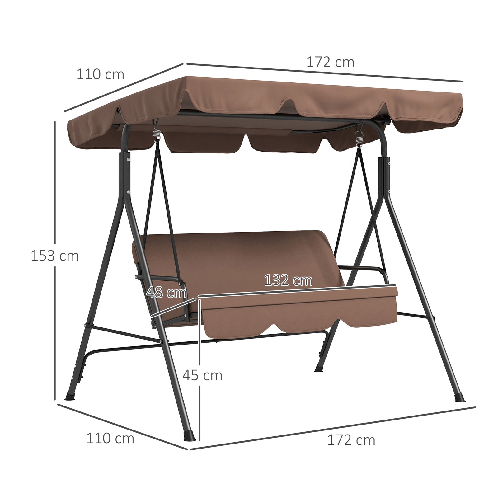 Baloiço de jardim de 3 lugares com almofada toldo ajustável e estrutura de aço para balcão terraço 172x110x153 cm marróm