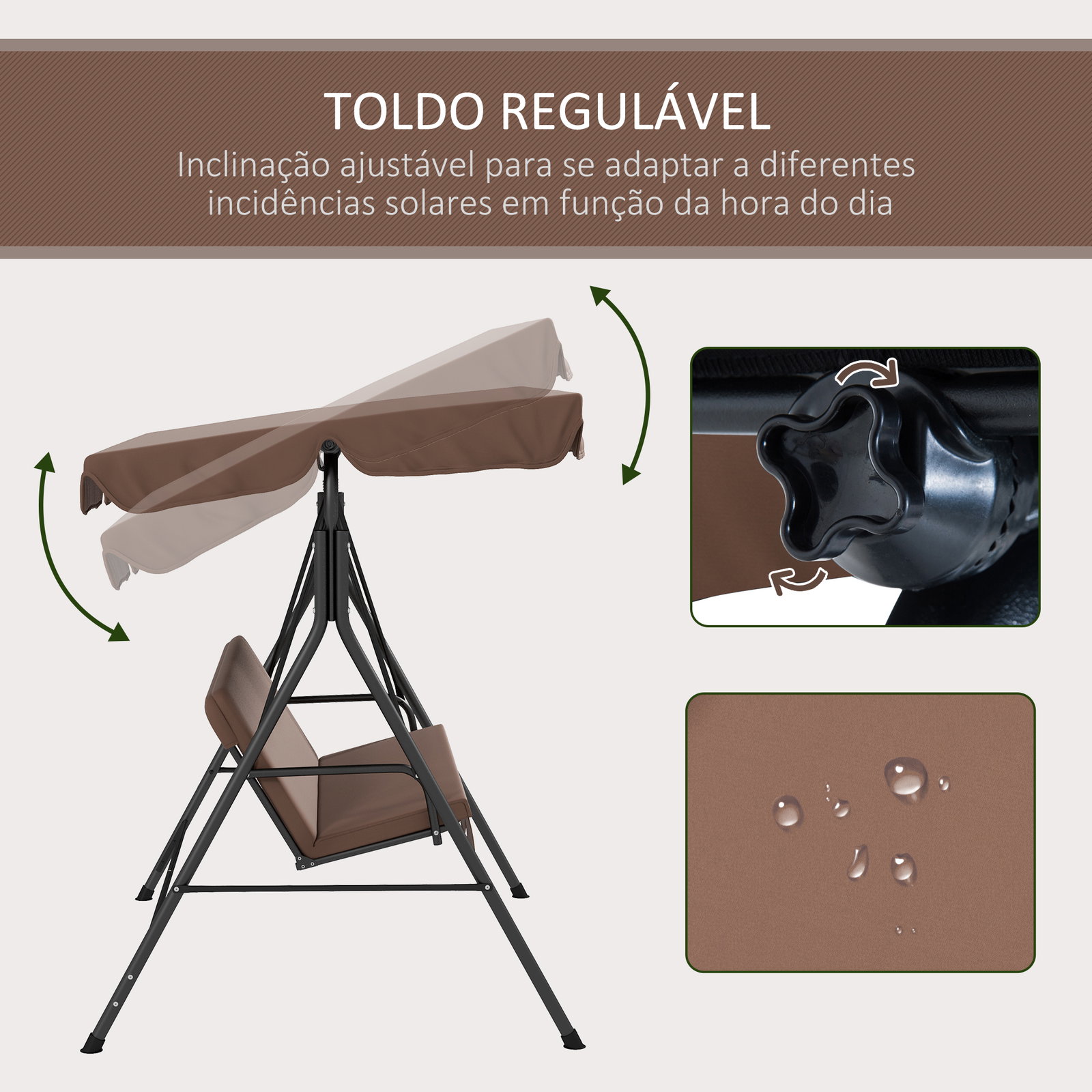 Baloiço de jardim de 3 lugares com almofada toldo ajustável e estrutura de aço para balcão terraço 172x110x153 cm marróm