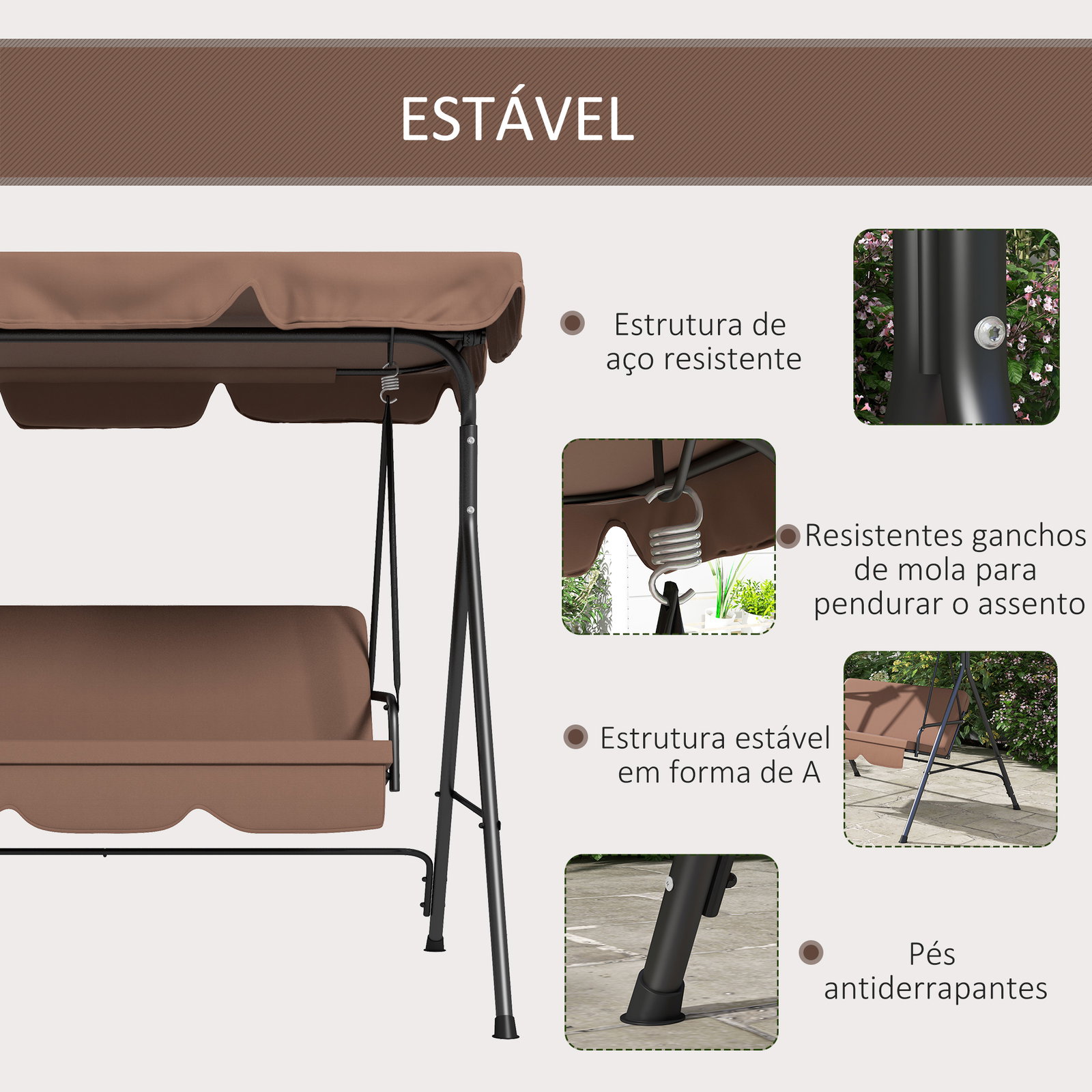 Baloiço de jardim de 3 lugares com almofada toldo ajustável e estrutura de aço para balcão terraço 172x110x153 cm marróm